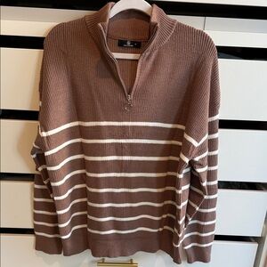 Striped Quarter-Zip Knit Sweater - Brown & White